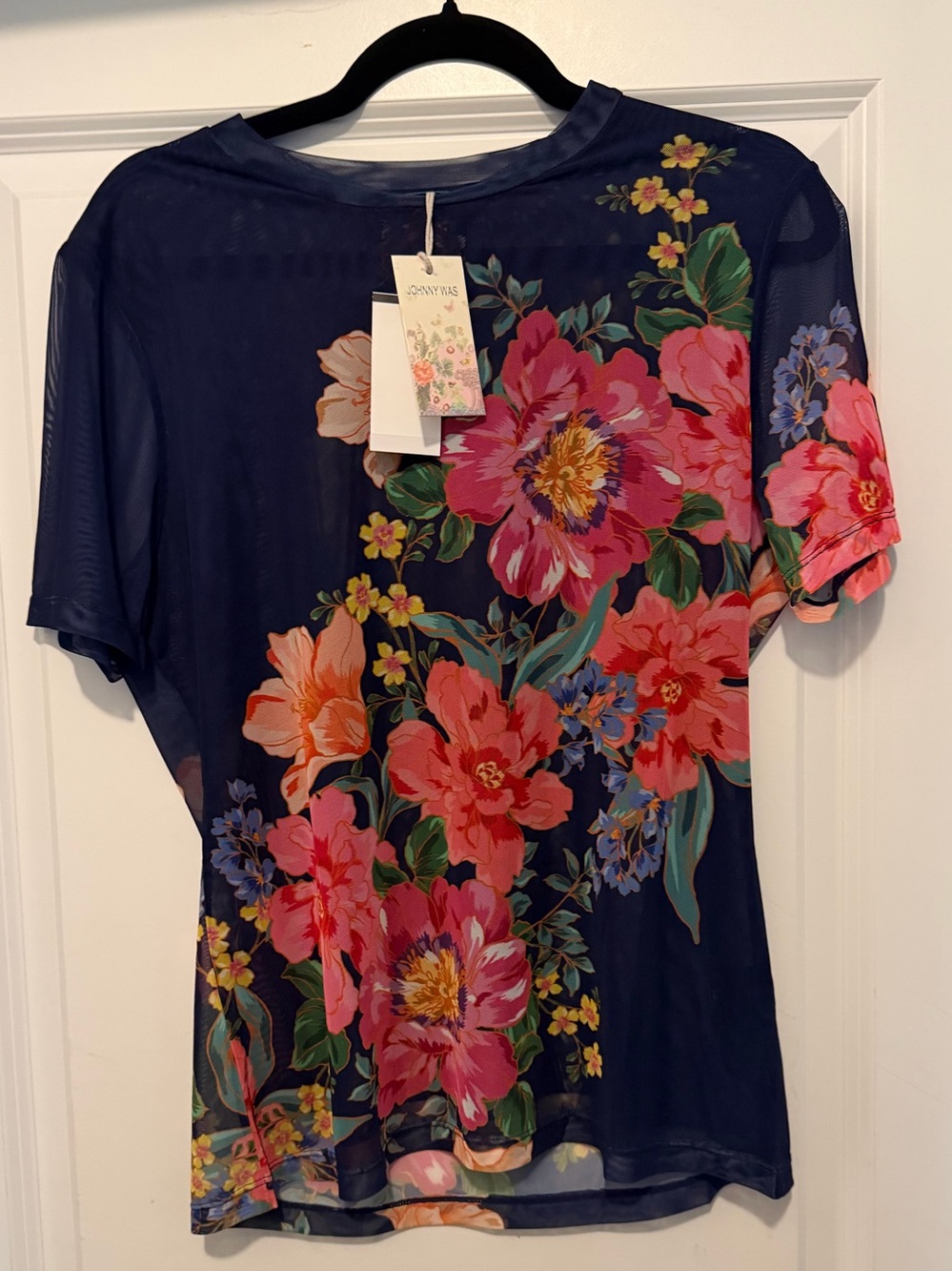 Johnny Was Navy Short-Sleeve Top with Pink Floral Print